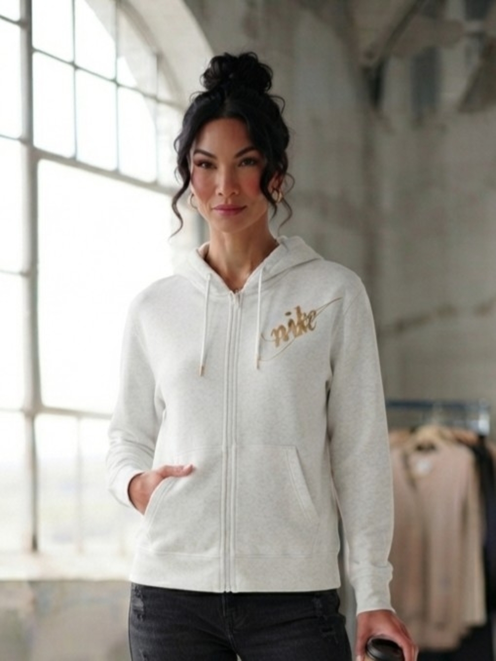 Nike Women's Heathered Grey  Zip-Up Hoodie with Gold Logo Size XL
